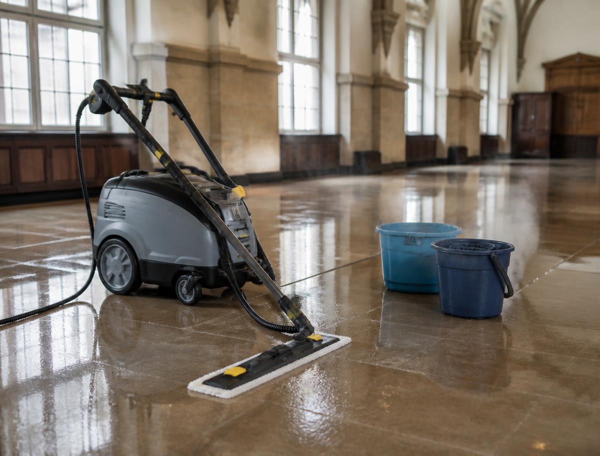 Clean polished hall floor with sunlight