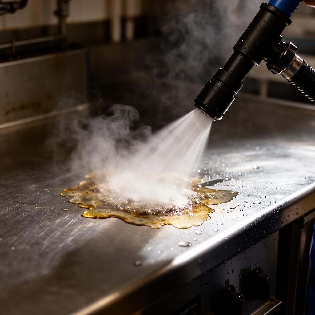 Cleaner using a steam cleaner on a stainless steel kitchen counter
