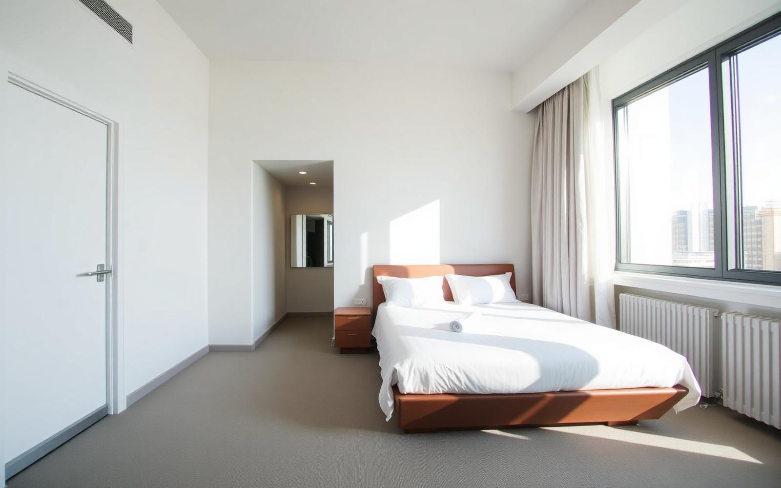 Vers opgemaakt hotelbed in een lichte moderne kamer